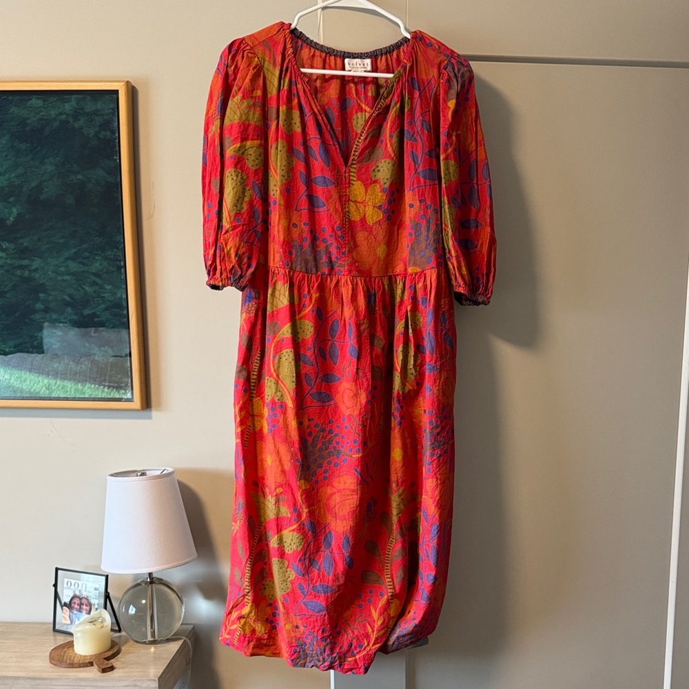 Boden Red and Blue Floral Midi Dress Velvet